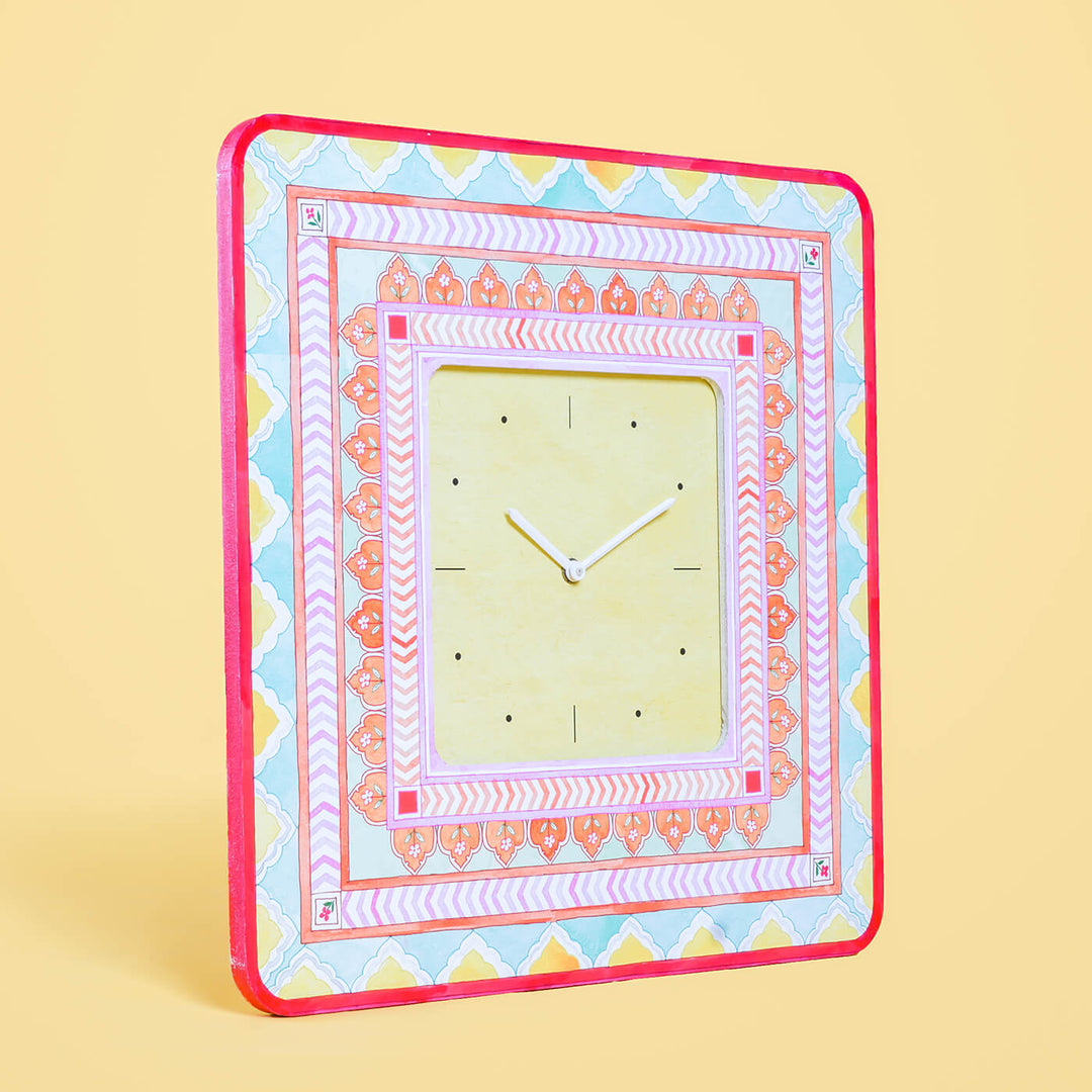 Square Printed Wall Clock - Pastel Multicolour