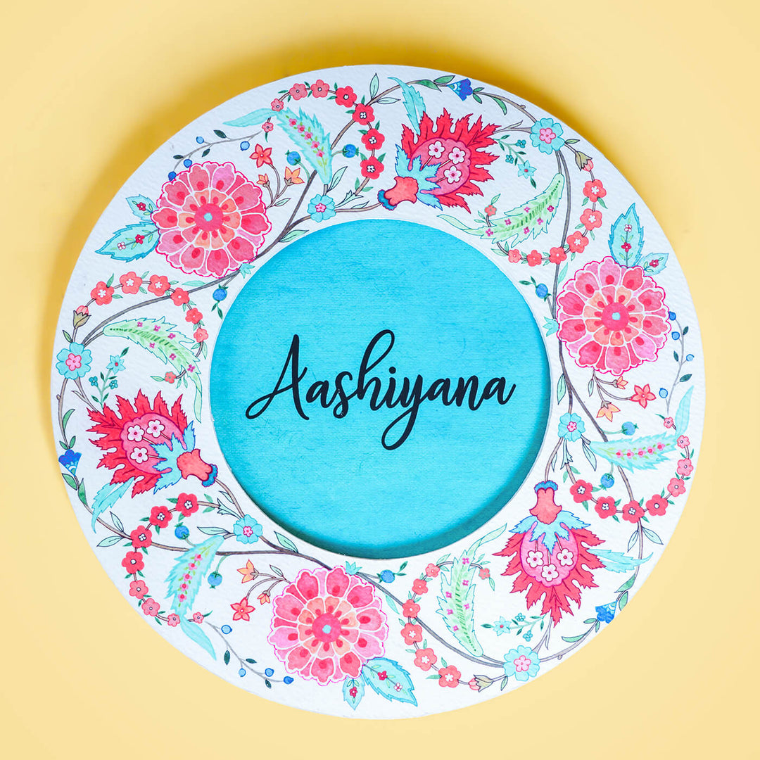 Round Printed Nameboard - Teal & Red Floral Chintz