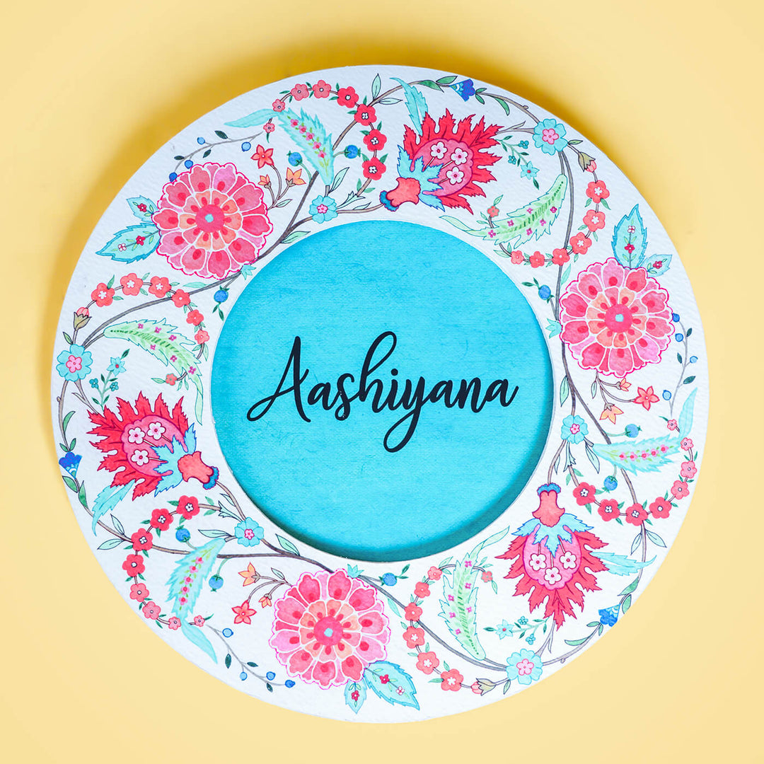 Modern Artistic Name Plate Floral Chintz Teal Red - Top View with Name Personalization