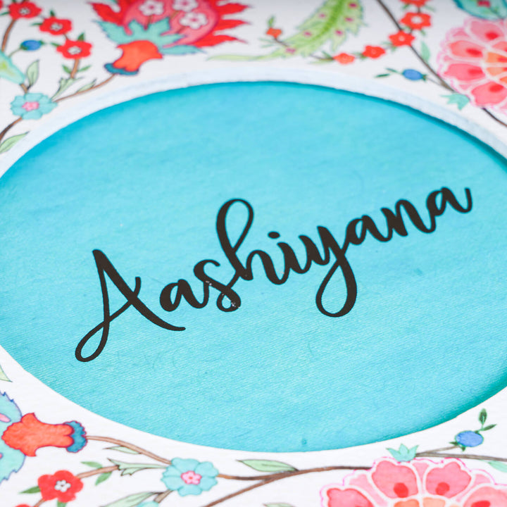 Modern Artistic Name Plate Floral Chintz Teal Red - Name Personalization Example Close-up