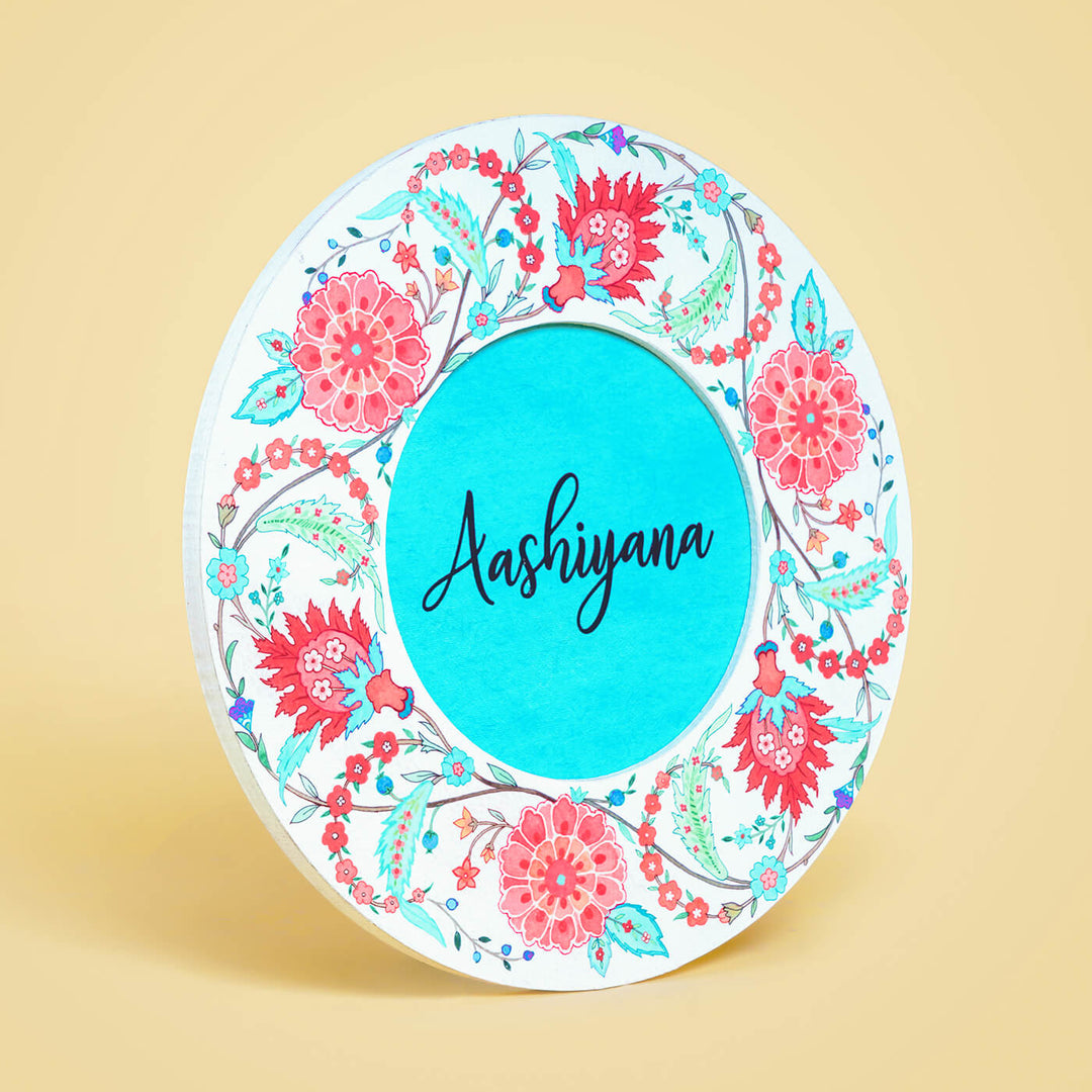 Modern Artistic Name Plate Floral Chintz Teal Red - Personalization Example Front View