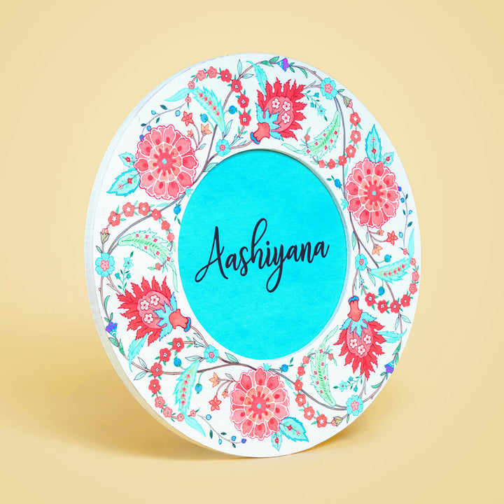 Modern Artistic Name Plate Floral Chintz Teal Red - Personalization Example Front View