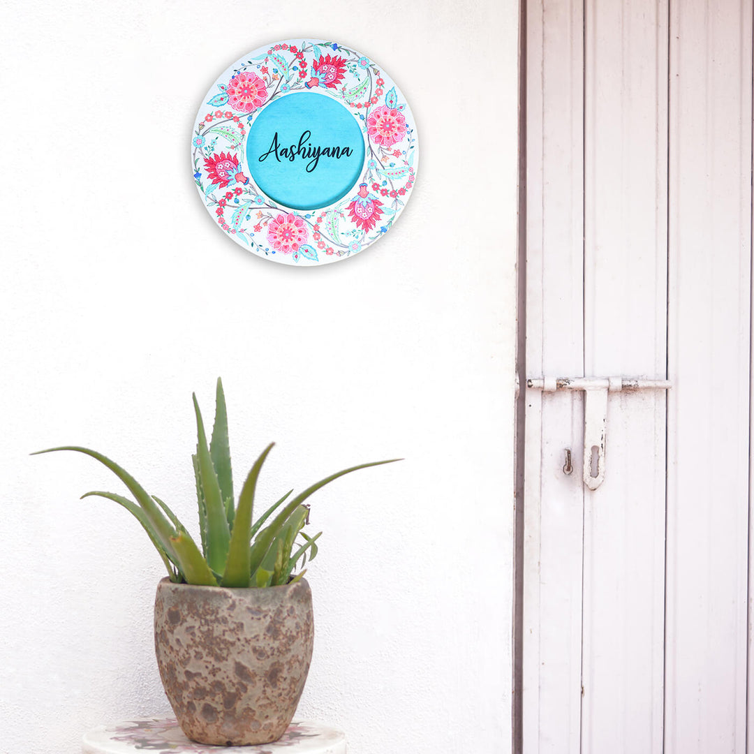 Modern Artistic Name Plate Floral Chintz Teal Red - Mounted on Wall Above Plant Pot