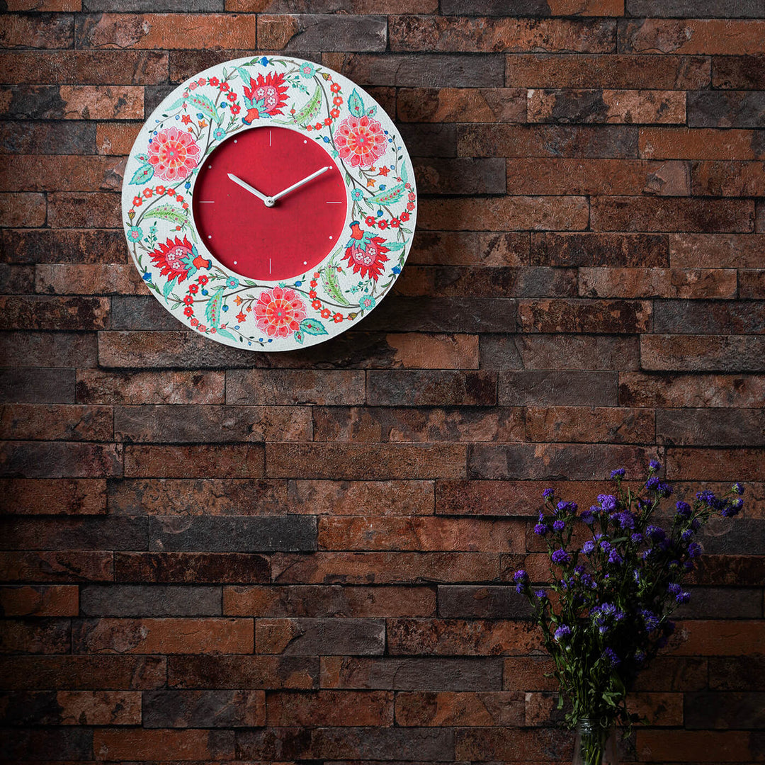 Round Printed Clock - Teal & Red Floral Chintz