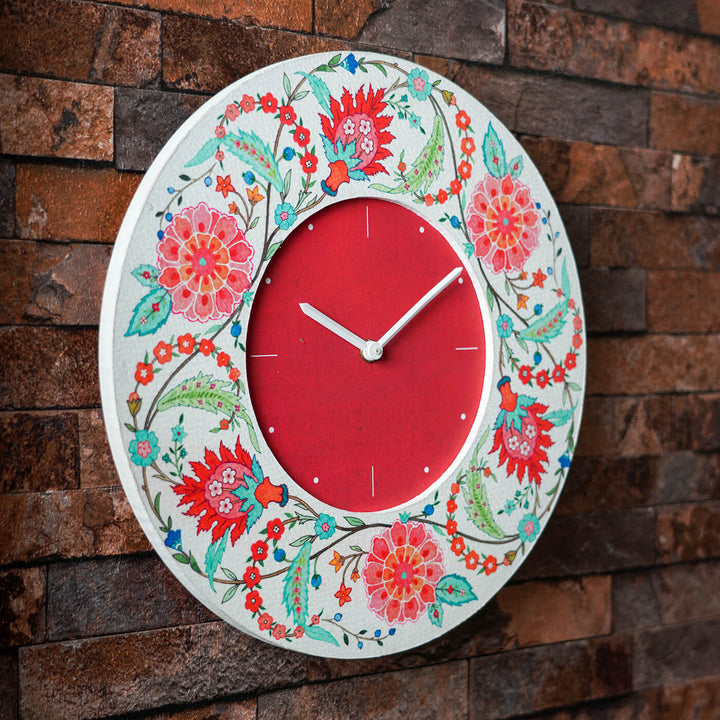 Round Printed Clock - Teal & Red Floral Chintz