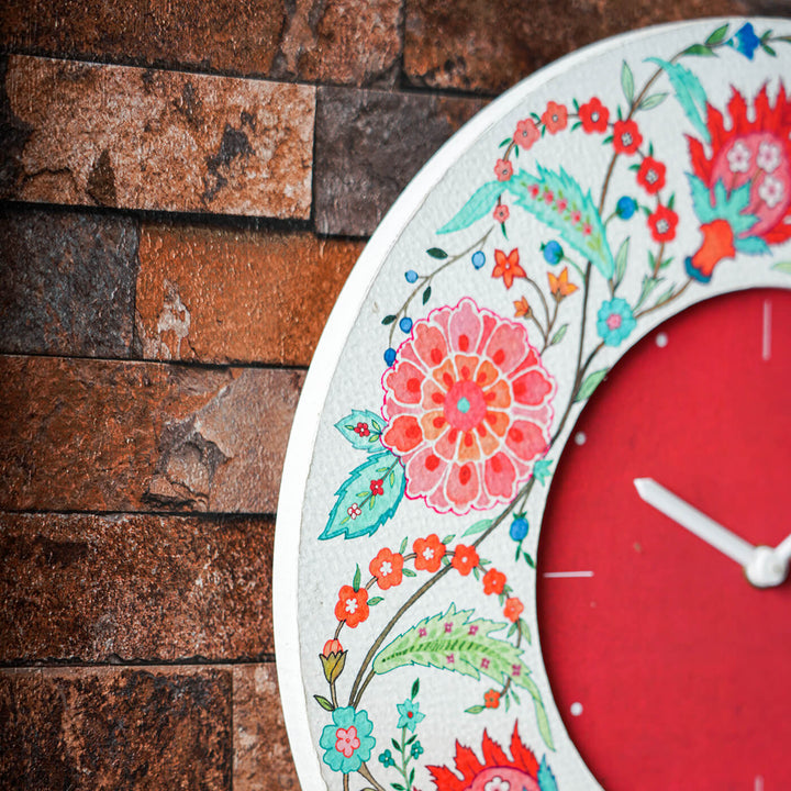 Round Printed Clock - Teal & Red Floral Chintz