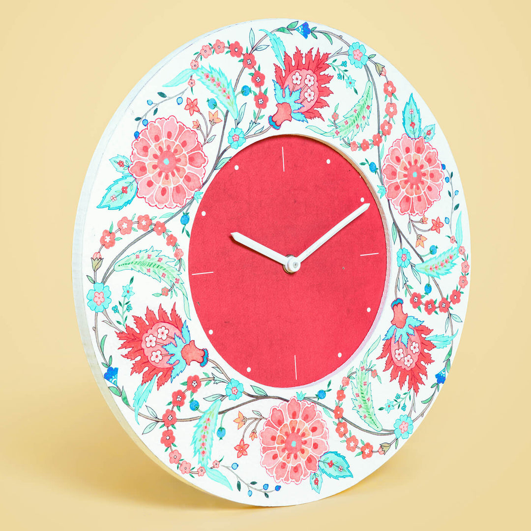 Round Printed Clock - Teal & Red Floral Chintz