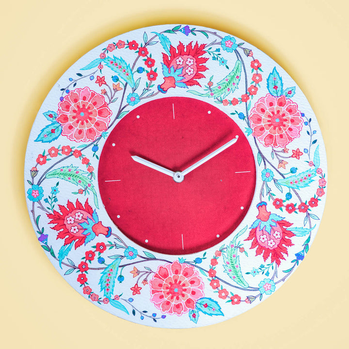 Round Printed Clock - Teal & Red Floral Chintz