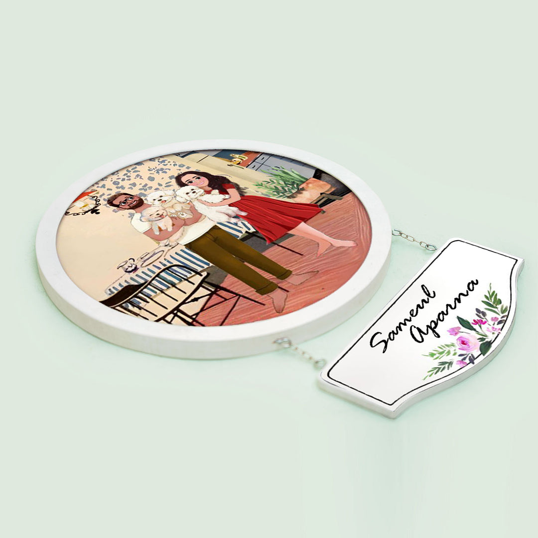 Photo Caricature Hanging Nameplate Couples With Pets 5 - Hanging Sign with Personalized Nameplate