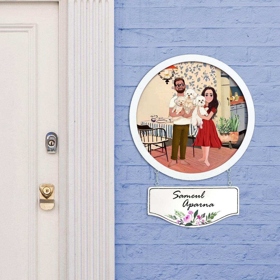 Photo Caricature Hanging Nameplate Couples With Pets 5 - Mounted on Exterior Wall with Name Sign