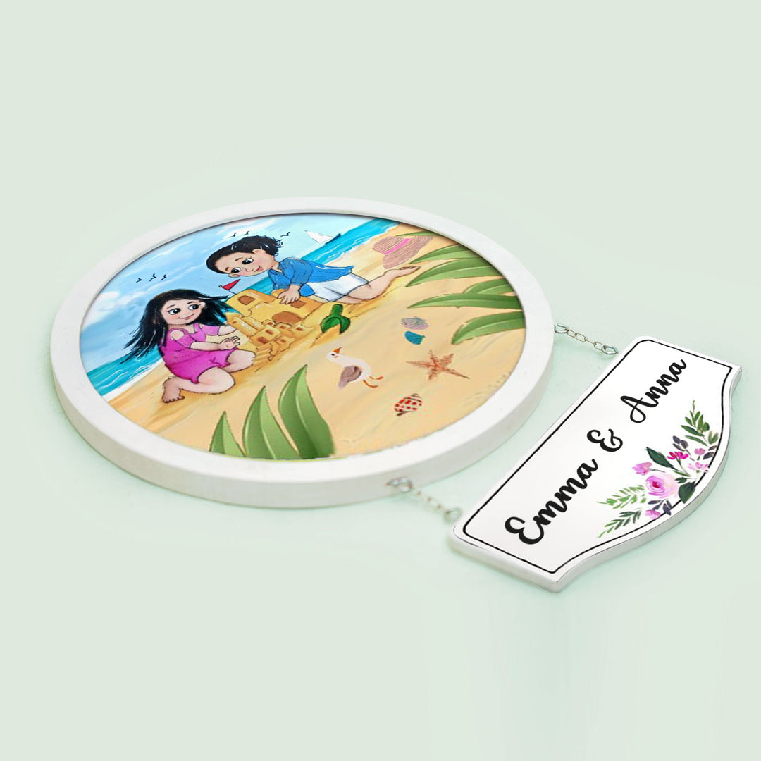 Photo Caricature Hanging Nameplate Small Family 5 - Angled View Showing Personalization Tag
