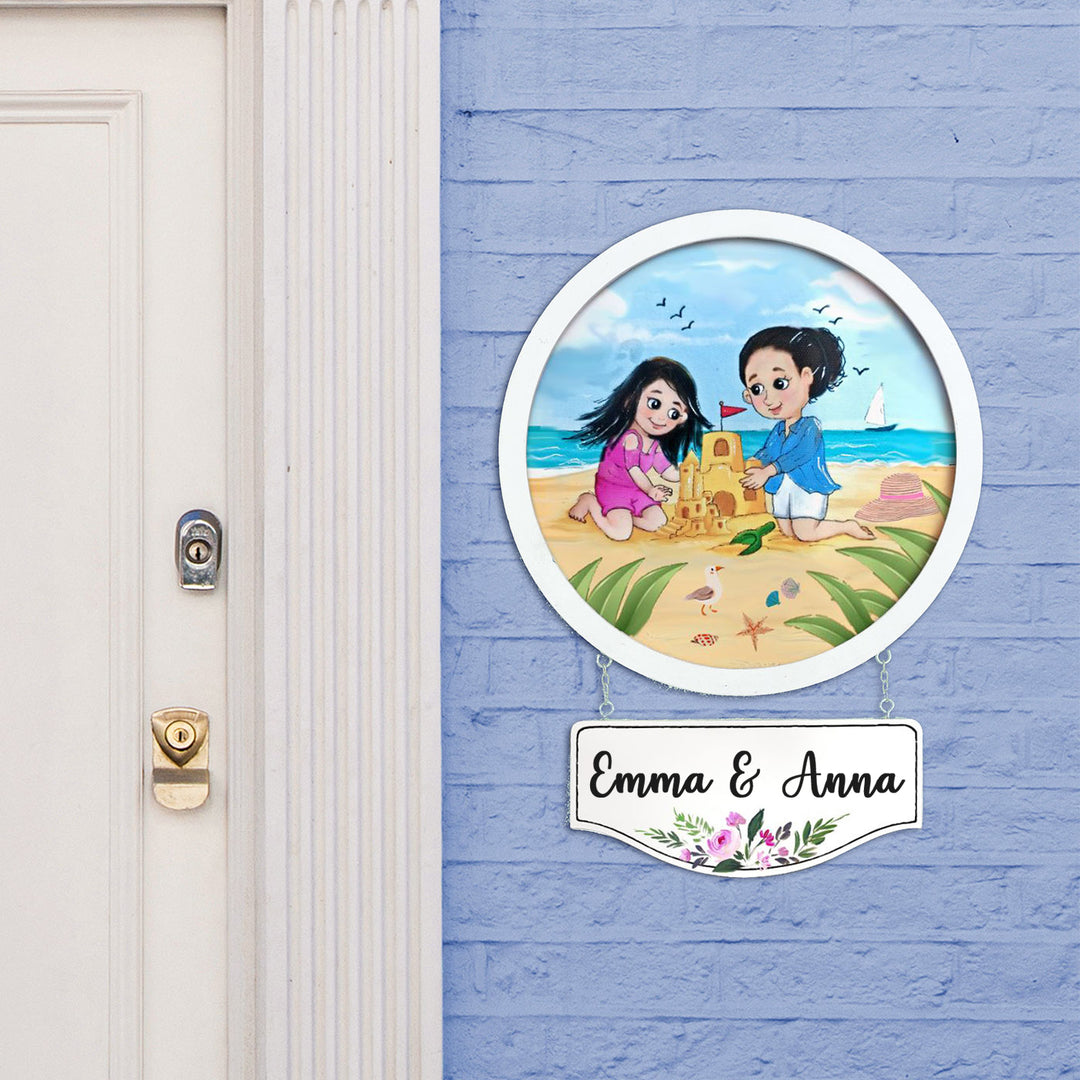 Photo Caricature Hanging Nameplate Small Family 5 - Mounted on Wall with Name Plate
