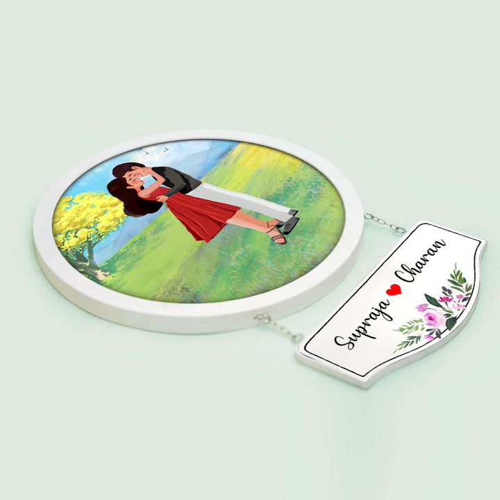 Photo Caricature Hanging Nameplate Couples 1 - Flat Lay Showing Connected Plaque