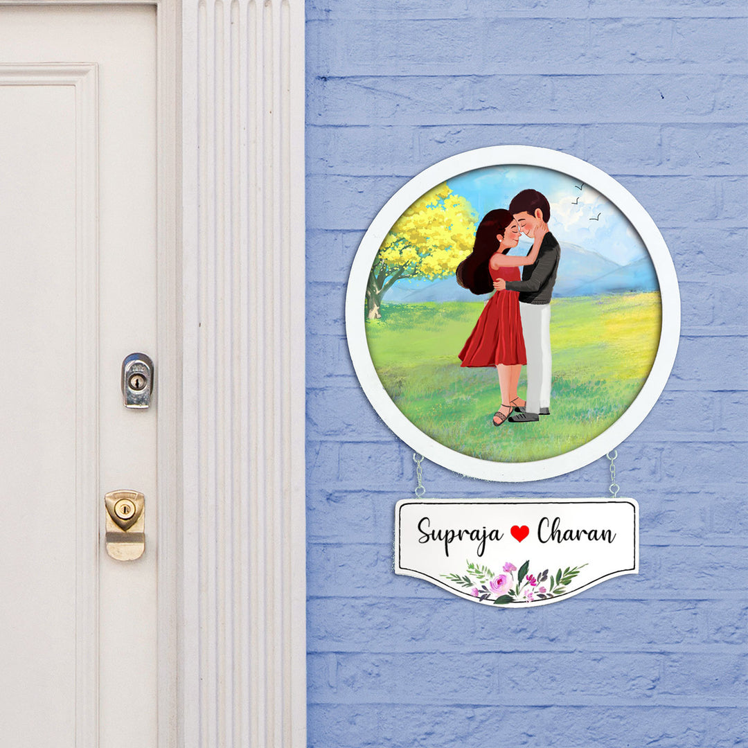 Photo Caricature Hanging Nameplate Couples 1 - Mounted on Exterior Brick Wall