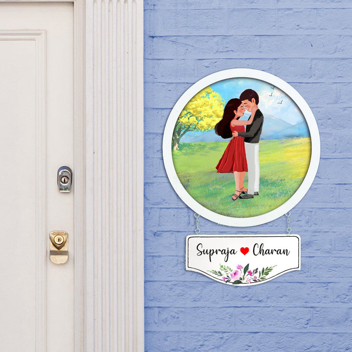 Photo Caricature Hanging Nameplate Couples 1 - Mounted on Exterior Brick Wall