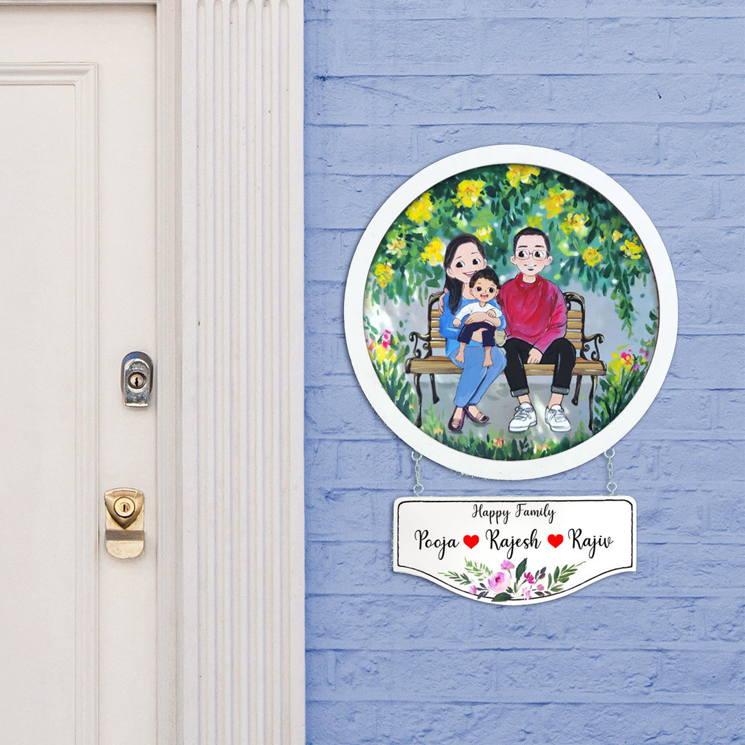 Photo Caricature Hanging Nameplate Small Family 1 - Mounted on Outdoor Wall