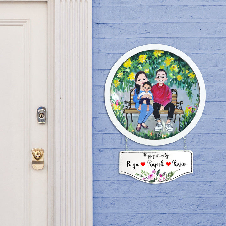 Photo Caricature Hanging Nameplate Small Family 1 - Mounted on Outdoor Wall
