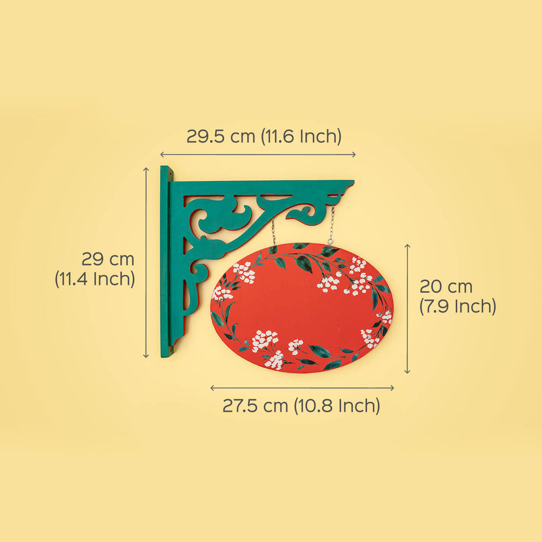 Hand Painted Oval Hanging Floral Name Plate 2 - Dimension Chart Showing Measurements