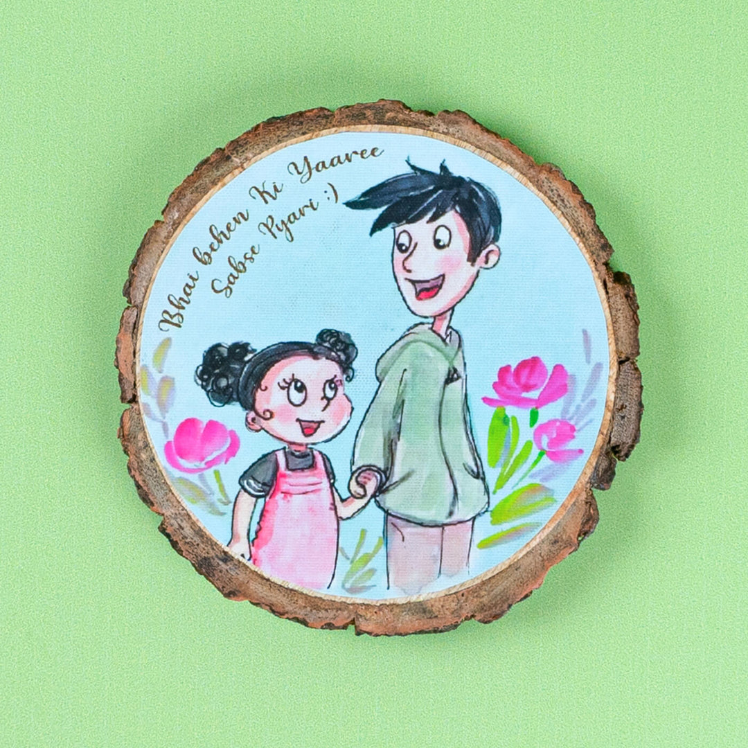 Rakhi Hamper With Fridge Magnet For Bhaiya Bhabhi - Round Wood Plaque Front View (8)
