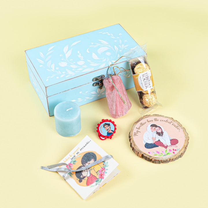 Rakhi Hamper With Fridge Magnet For Bhaiya Bhabhi - Gift Set Display with Contents