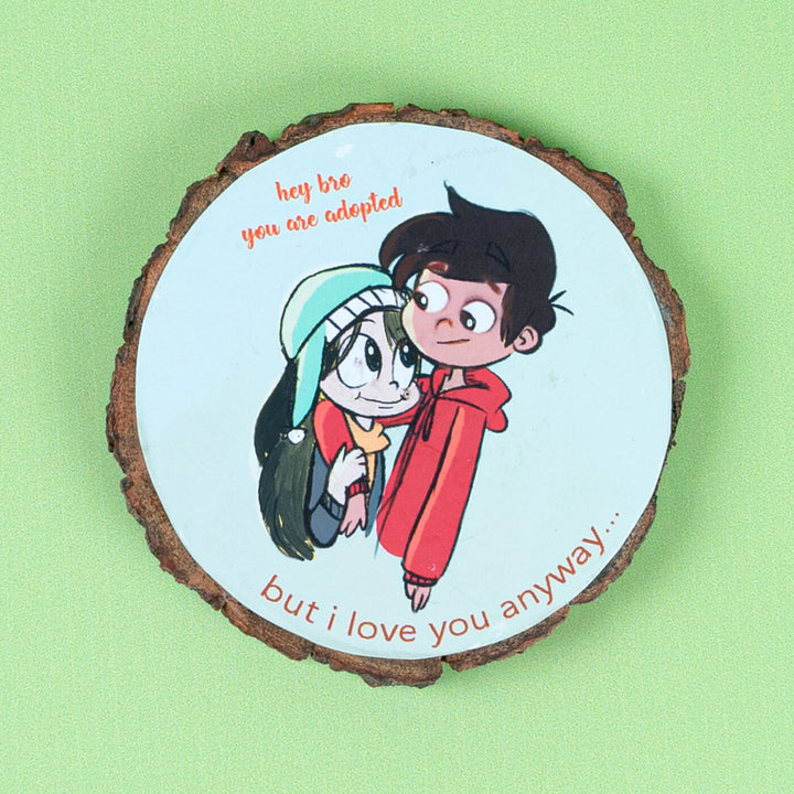 Rakhi Hamper With Fridge Magnet For Bhaiya Bhabhi - Round Wood Plaque Front View (5)