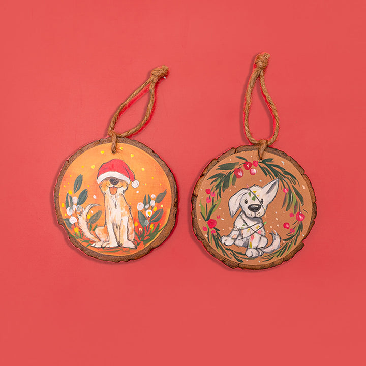 Hand-Painted Adorable Dogs Wooden Bark Ornaments For Christmas Tree Decoration | Set Of 2