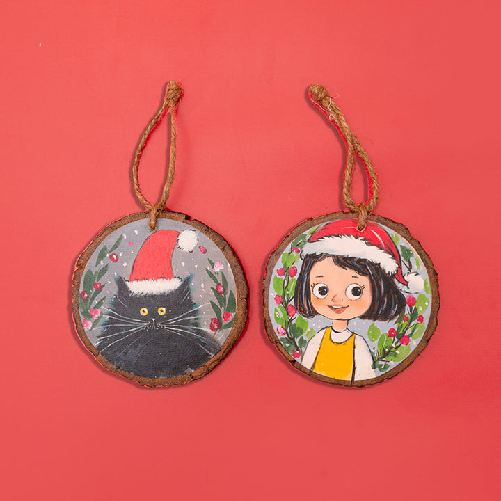 Hand-Painted Cute Girl & Cat Wooden Bark Ornaments For Christmas Tree Decoration | Set Of 2
