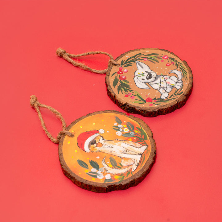 Hand-Painted Adorable Dogs Wooden Bark Ornaments For Christmas Tree Decoration | Set Of 2