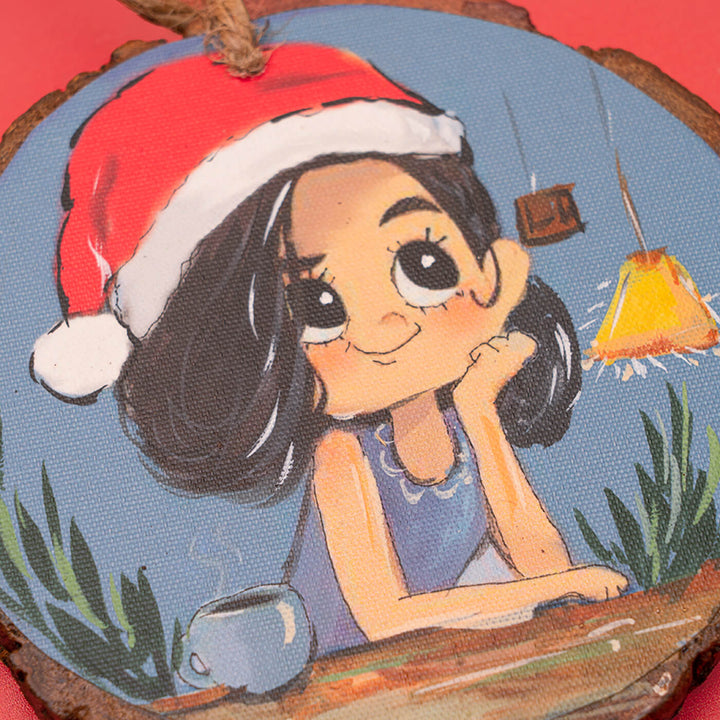 Hand-Painted Dreamy Girl & Dog Wooden Bark Ornaments For Christmas Tree Decoration | Set Of 2