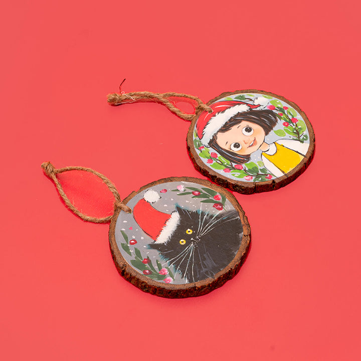 Hand-Painted Cute Girl & Cat Wooden Bark Ornaments For Christmas Tree Decoration | Set Of 2