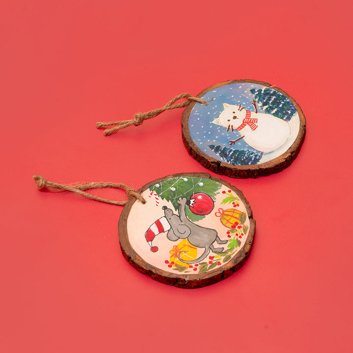 Hand-Painted Cat & Mouse Wooden Bark Ornaments For Christmas Tree Decoration | Set Of 2