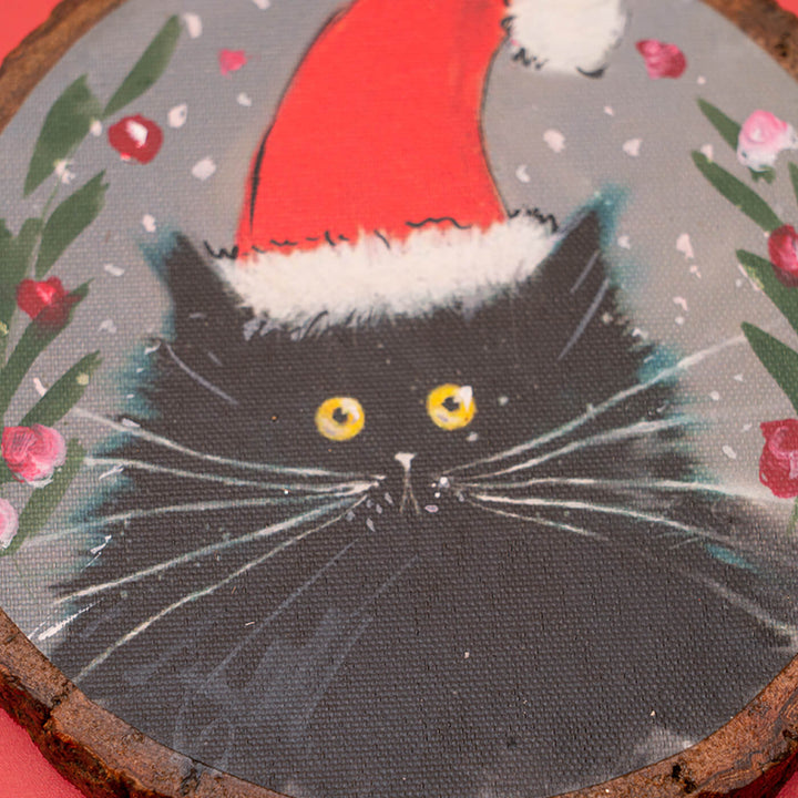 Hand-Painted Cute Girl & Cat Wooden Bark Ornaments For Christmas Tree Decoration | Set Of 2