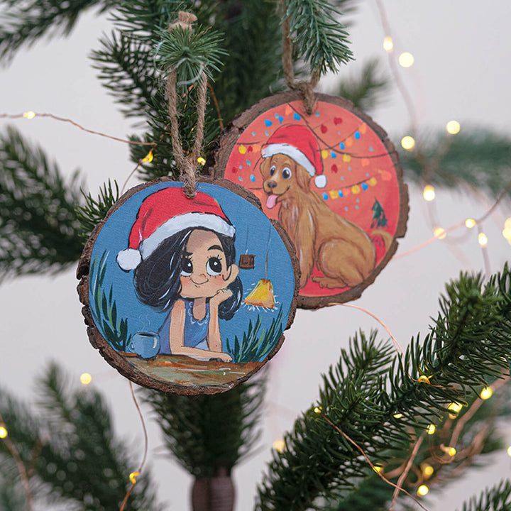 Hand-Painted Dreamy Girl & Dog Wooden Bark Ornaments For Christmas Tree Decoration | Set Of 2