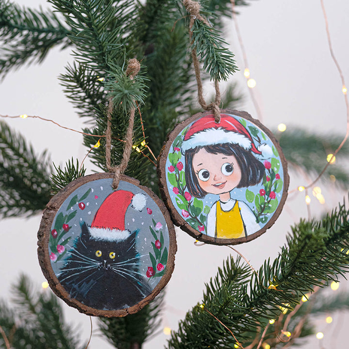 Hand-Painted Cute Girl & Cat Wooden Bark Ornaments For Christmas Tree Decoration | Set Of 2