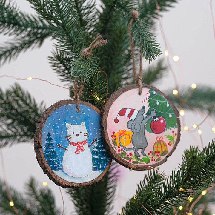 Hand-Painted Cat & Mouse Wooden Bark Ornaments For Christmas Tree Decoration | Set Of 2