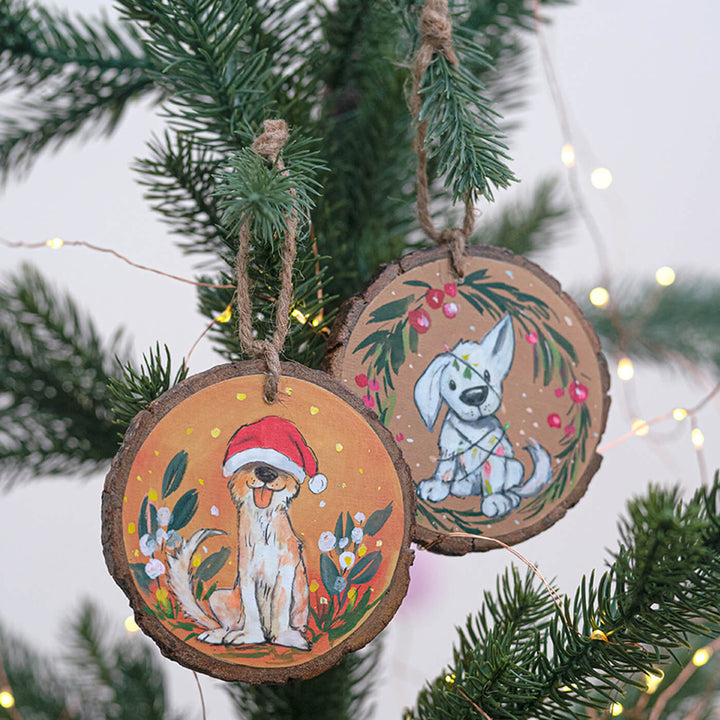Hand-Painted Adorable Dogs Wooden Bark Ornaments For Christmas Tree Decoration | Set Of 2