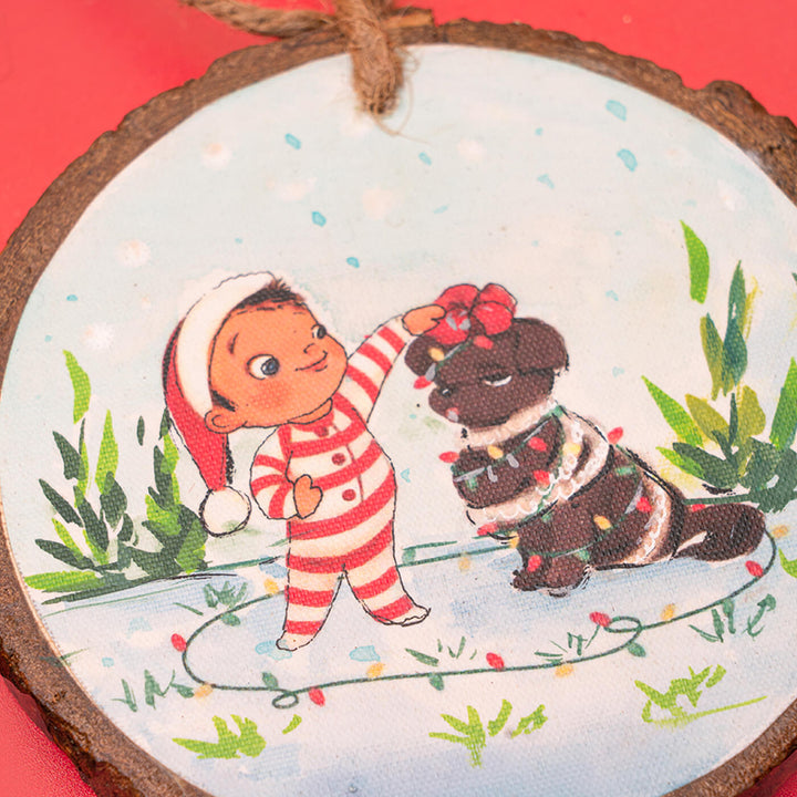 Hand-Painted Cute Family Wooden Bark Ornaments For Christmas Tree Decoration | Set Of 3