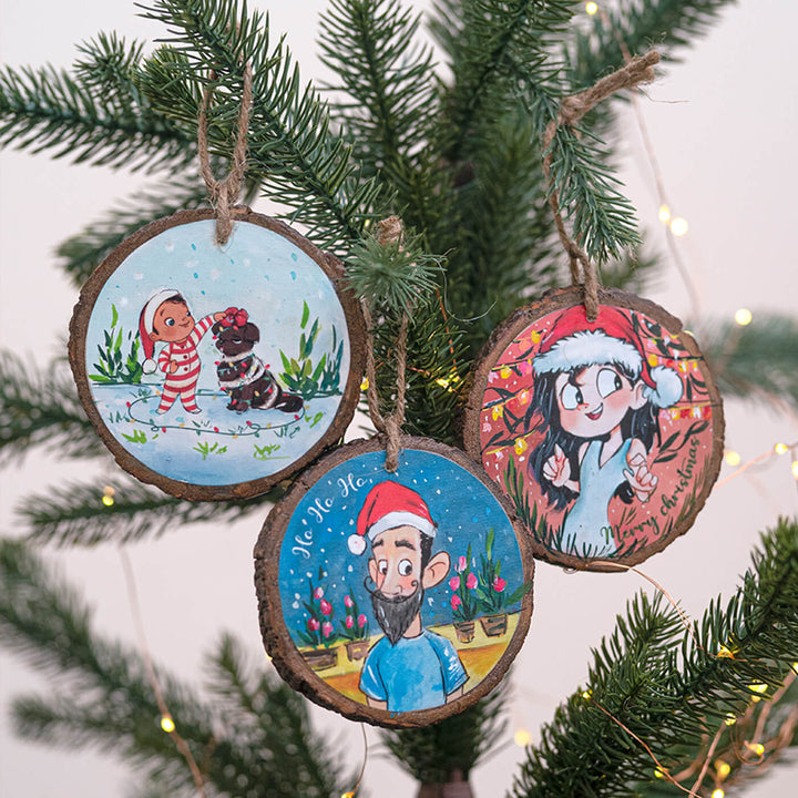 Hand-Painted Cute Family Wooden Bark Ornaments For Christmas Tree Decoration | Set Of 3