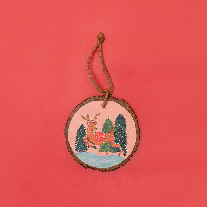 Hand-Painted Reindeer Wooden Bark Ornament For Christmas Tree Decoration
