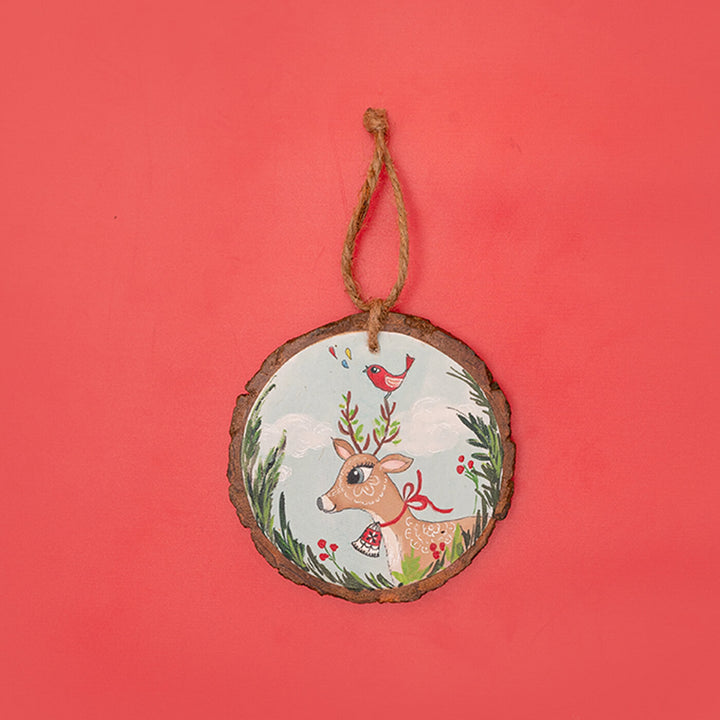 Hand-Painted Deer & Bird Wooden Bark Ornament For Christmas Tree Decoration