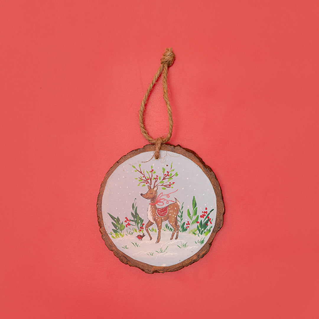 Hand-Painted Leaping Reindeer Wooden Bark Ornament For Christmas Tree Decoration