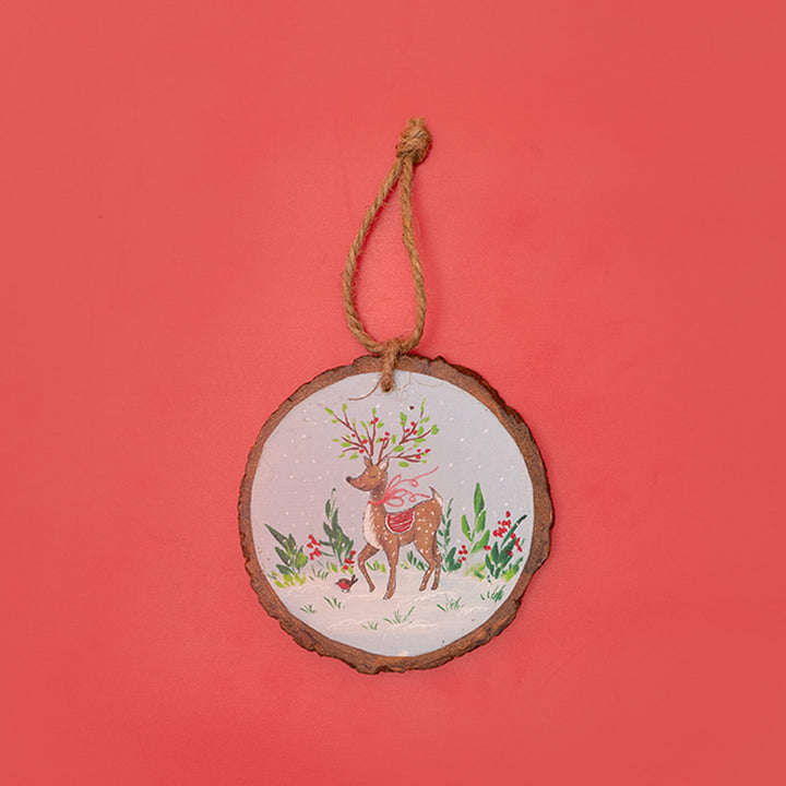 Hand-Painted Leaping Reindeer Wooden Bark Ornament For Christmas Tree Decoration
