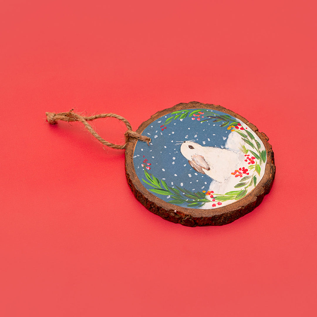 Hand-Painted Bunny Wooden Bark Ornament For Christmas Tree Decoration