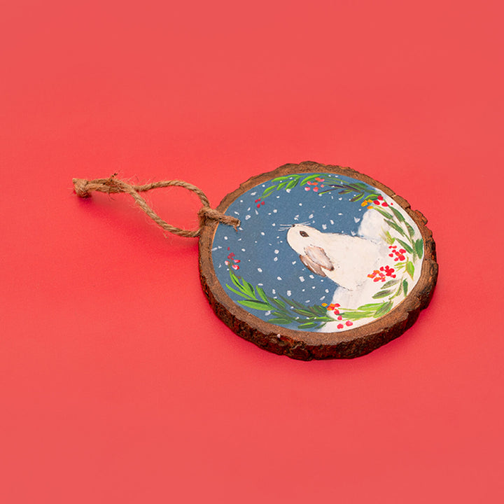 Hand-Painted Bunny Wooden Bark Ornament For Christmas Tree Decoration