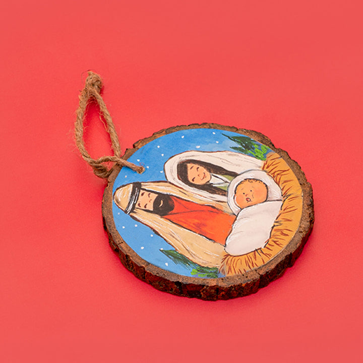 Hand-Painted Nativity Wooden Bark Ornament For Christmas Tree Decoration