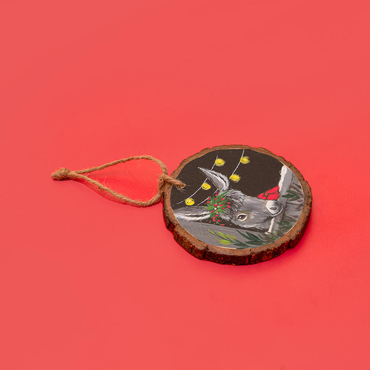 Hand-Painted Grey Horse Wooden Bark Ornament For Christmas Tree Decoration