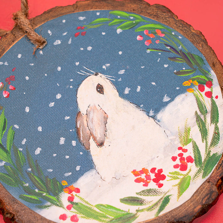 Hand-Painted Bunny Wooden Bark Ornament For Christmas Tree Decoration