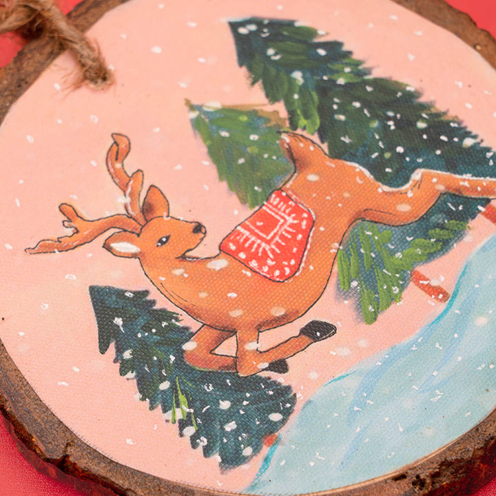 Hand-Painted Reindeer Wooden Bark Ornament For Christmas Tree Decoration