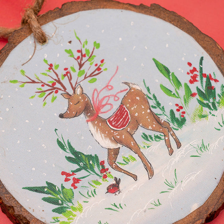 Hand-Painted Leaping Reindeer Wooden Bark Ornament For Christmas Tree Decoration