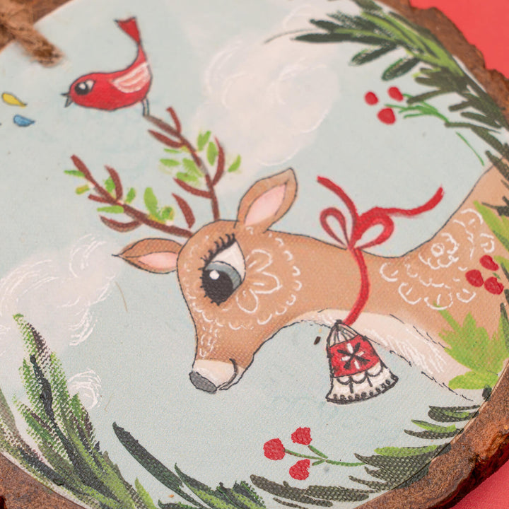 Hand-Painted Deer & Bird Wooden Bark Ornament For Christmas Tree Decoration